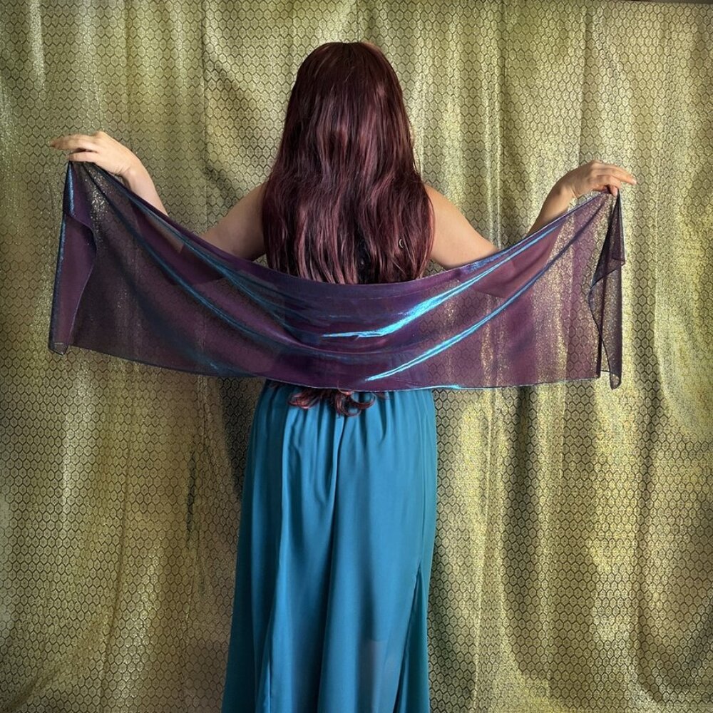 Purple scarf with turquoise shiny effect. Good as mini Veil for Belly Dance. New